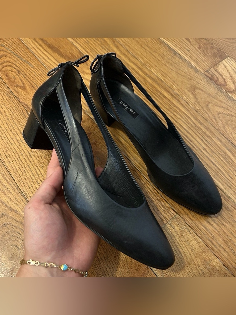 Paul Green Black Leather Pointed Block-Heel Pumps with Ankle Tie 7.5